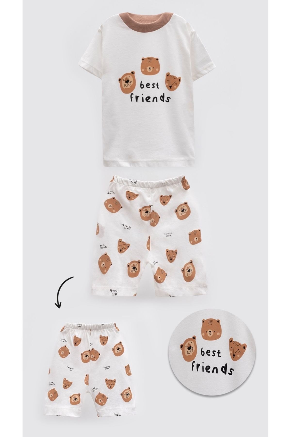 Unisex Bebek Ve Çocuk Ayıcık Desenli Yazlık Pijama Takımı - Best Friends 0-4 Yaş