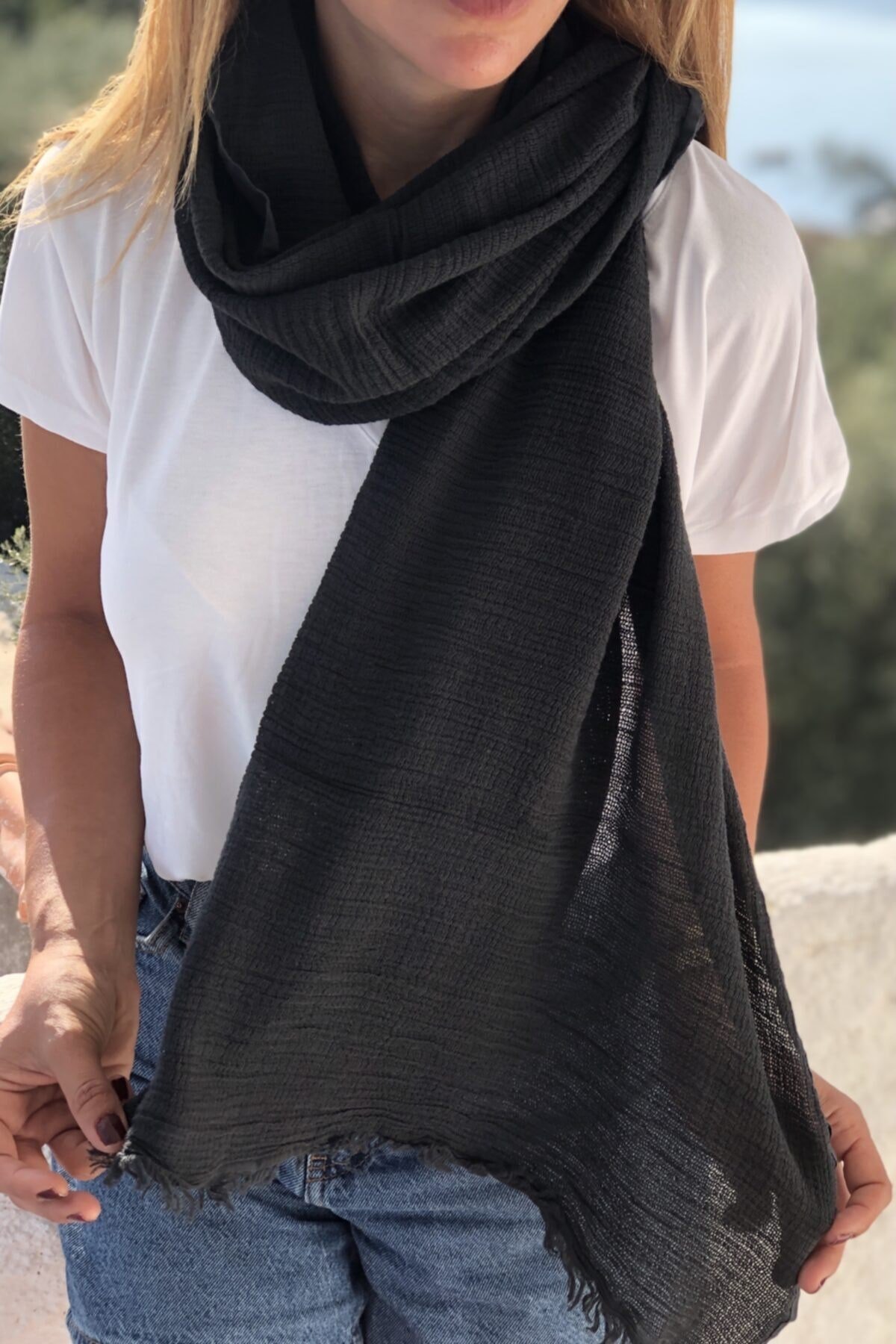 ¿ Antrasit Gri Renk Pamuklu Lıva Şal Fular Kadın Aksesuar