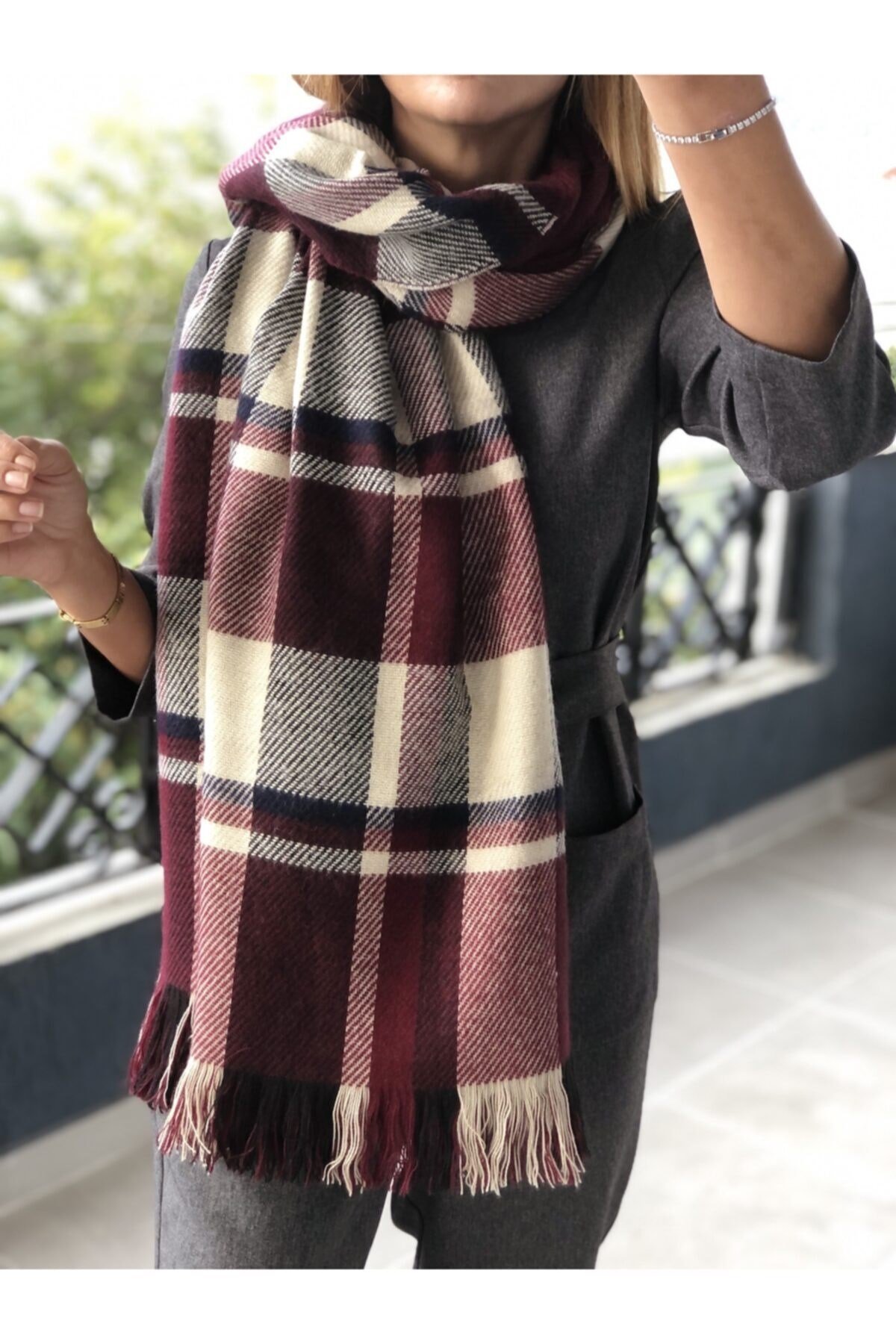 ¿ Bordo Renk Loretta Ekose Desenli Yün Akrilik Şal Atkı Etol Kadın Giyim Aksesuar