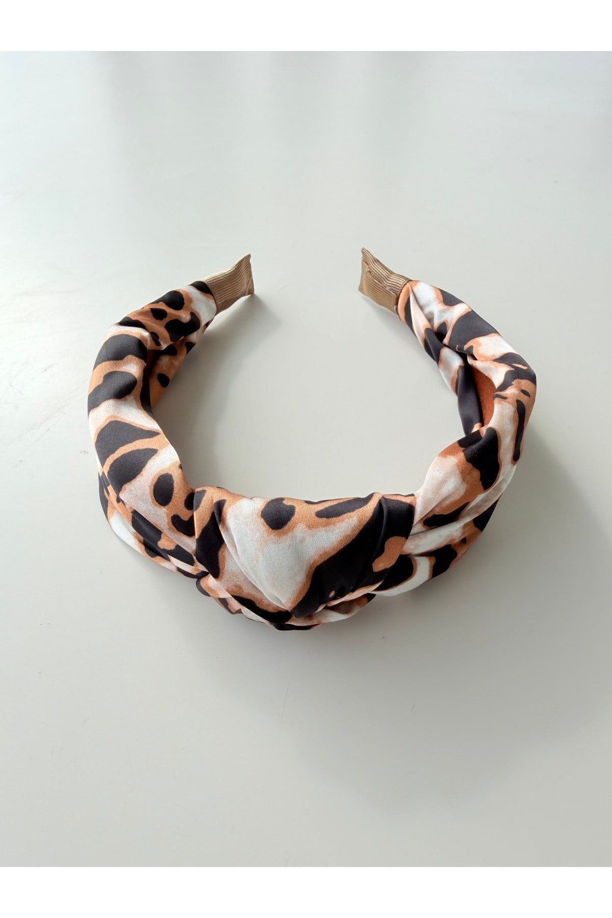 Bej Leopar Desen Düğümlü Taç Bandana Saç Aksesuarı