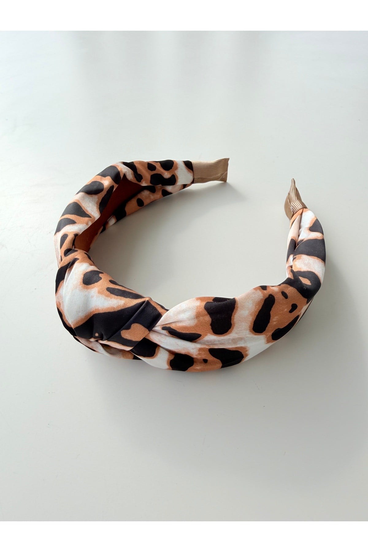Bej Leopar Desen Düğümlü Taç Bandana Saç Aksesuarı