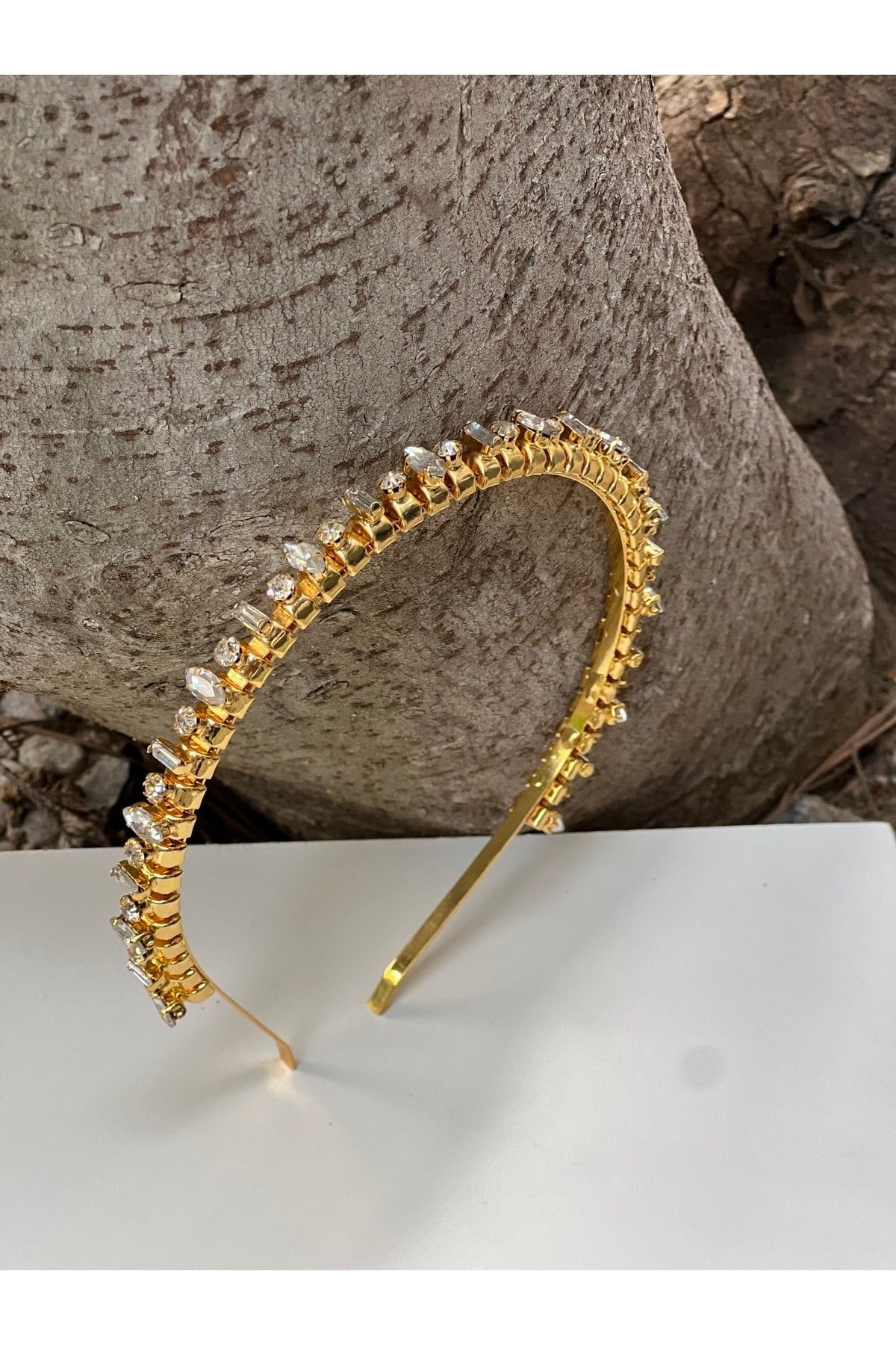 Bridal Kristal Taşlı Gold Taç Gelin Saç Aksesuarı