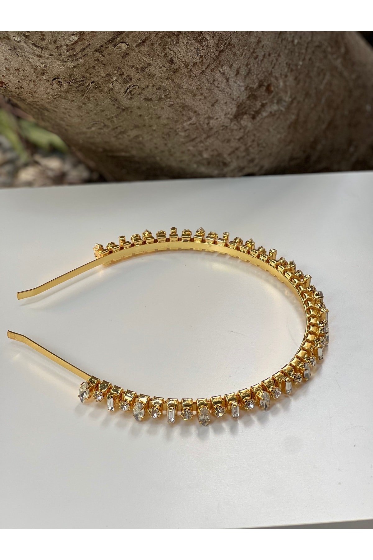 Bridal Kristal Taşlı Gold Taç Gelin Saç Aksesuarı