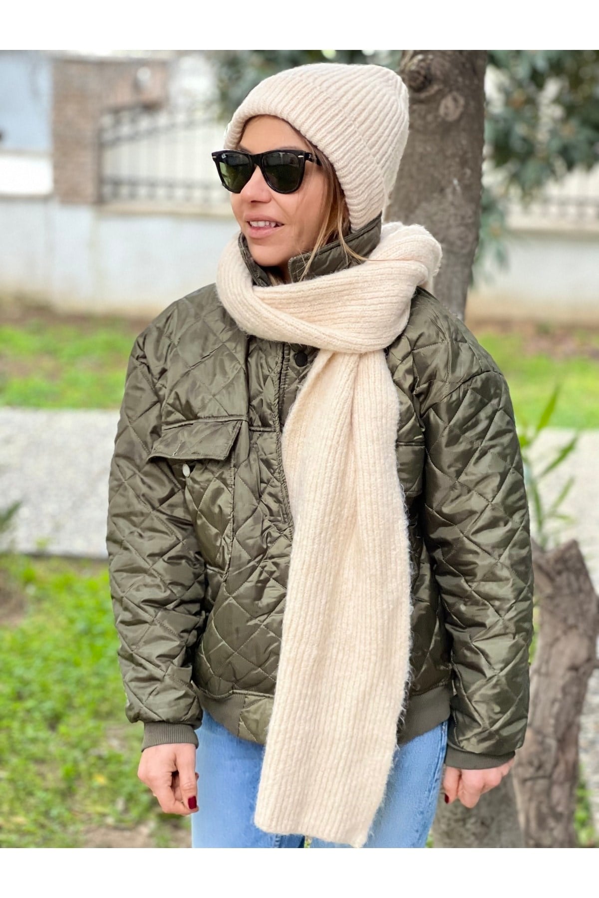 Ekru Yün Atkı Bere Ikili Takım