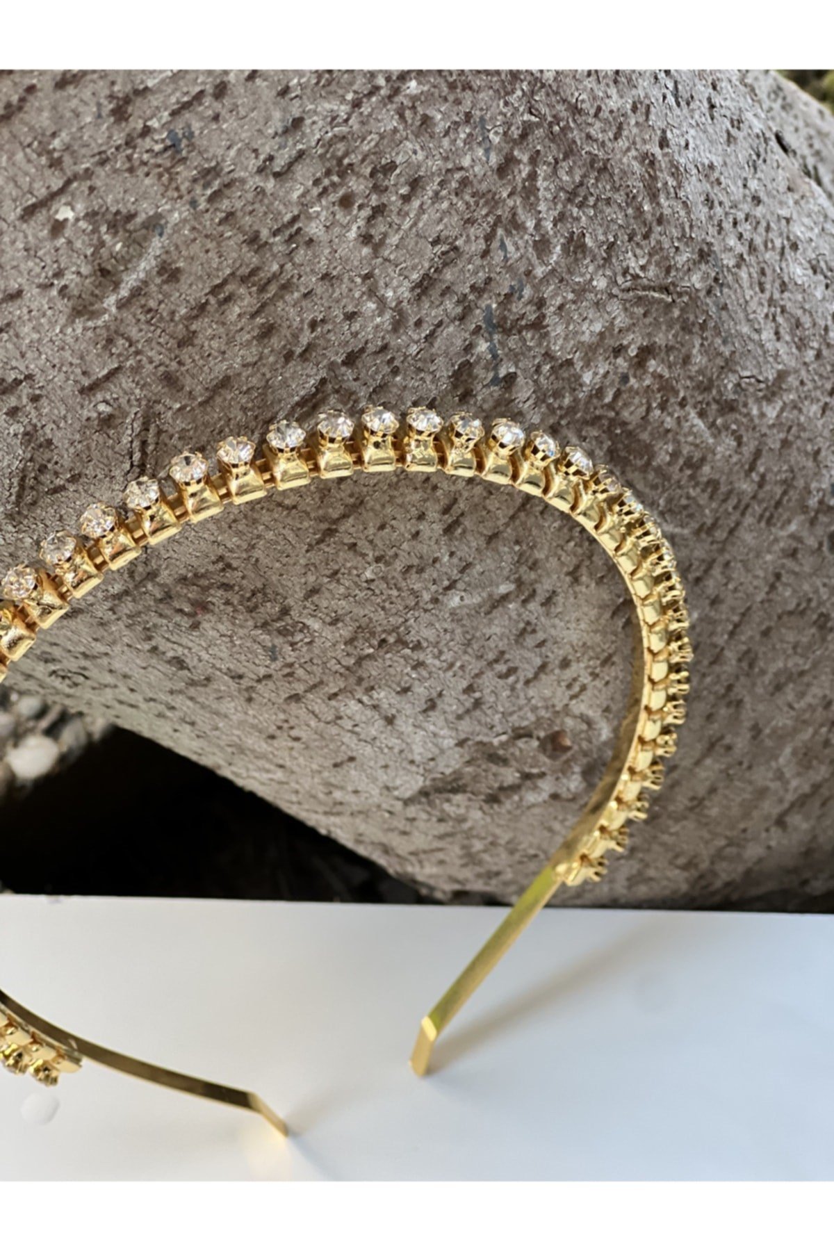 Gelin Bridal Gümüş Gold Taşlı Tek Sıralı Taç Saç Bandı