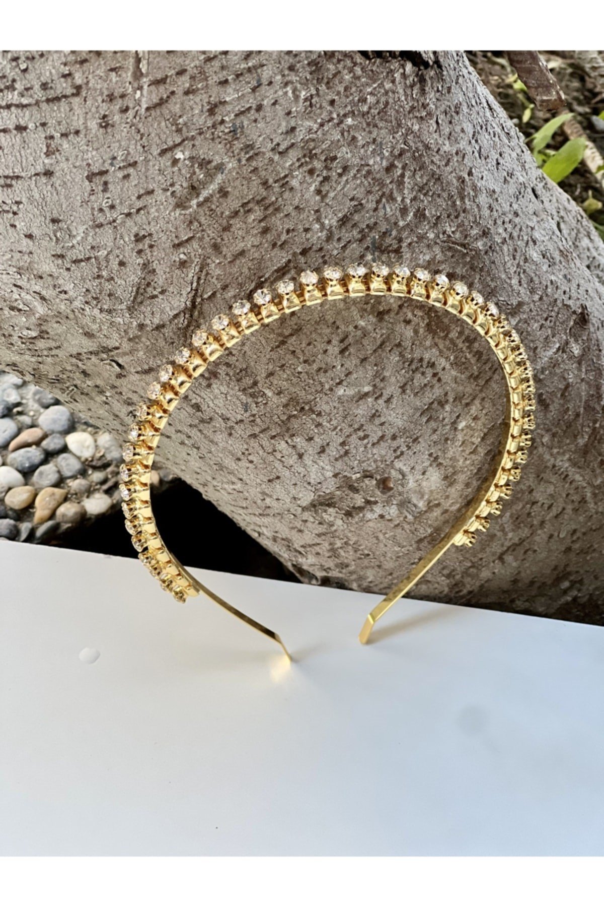 Gelin Bridal Gümüş Gold Taşlı Tek Sıralı Taç Saç Bandı