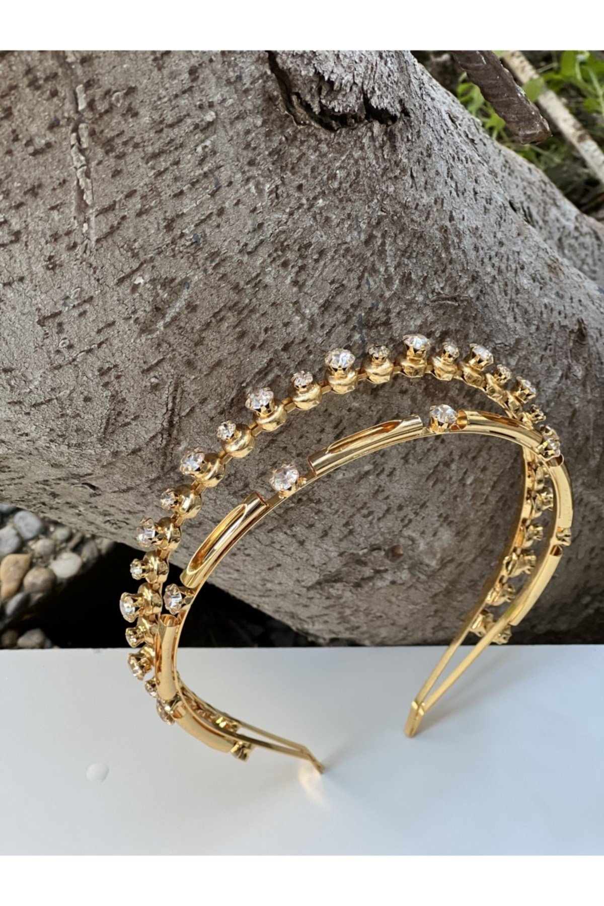Gelin Bridal Taşlı Gold Çift Sıralı Taç Saç Bandı Kadın
