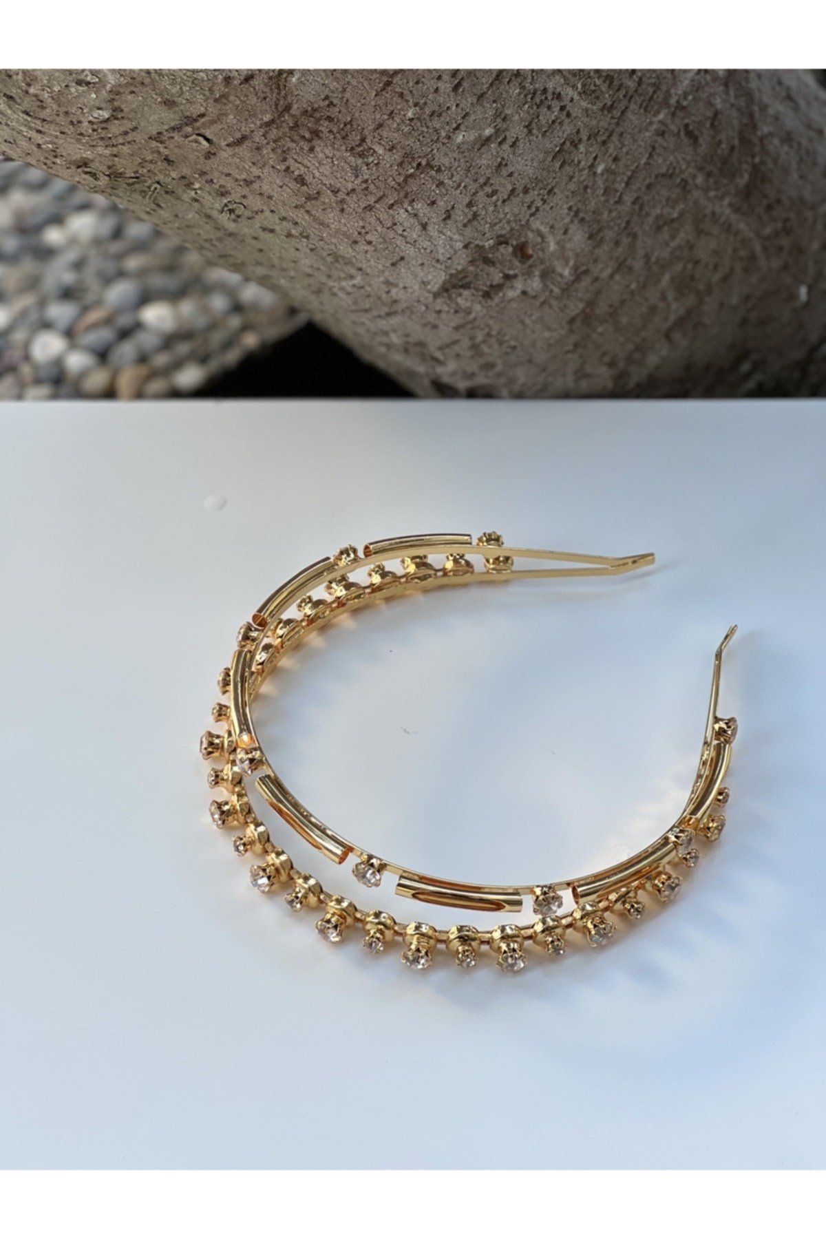 Gelin Bridal Taşlı Gold Çift Sıralı Taç Saç Bandı Kadın