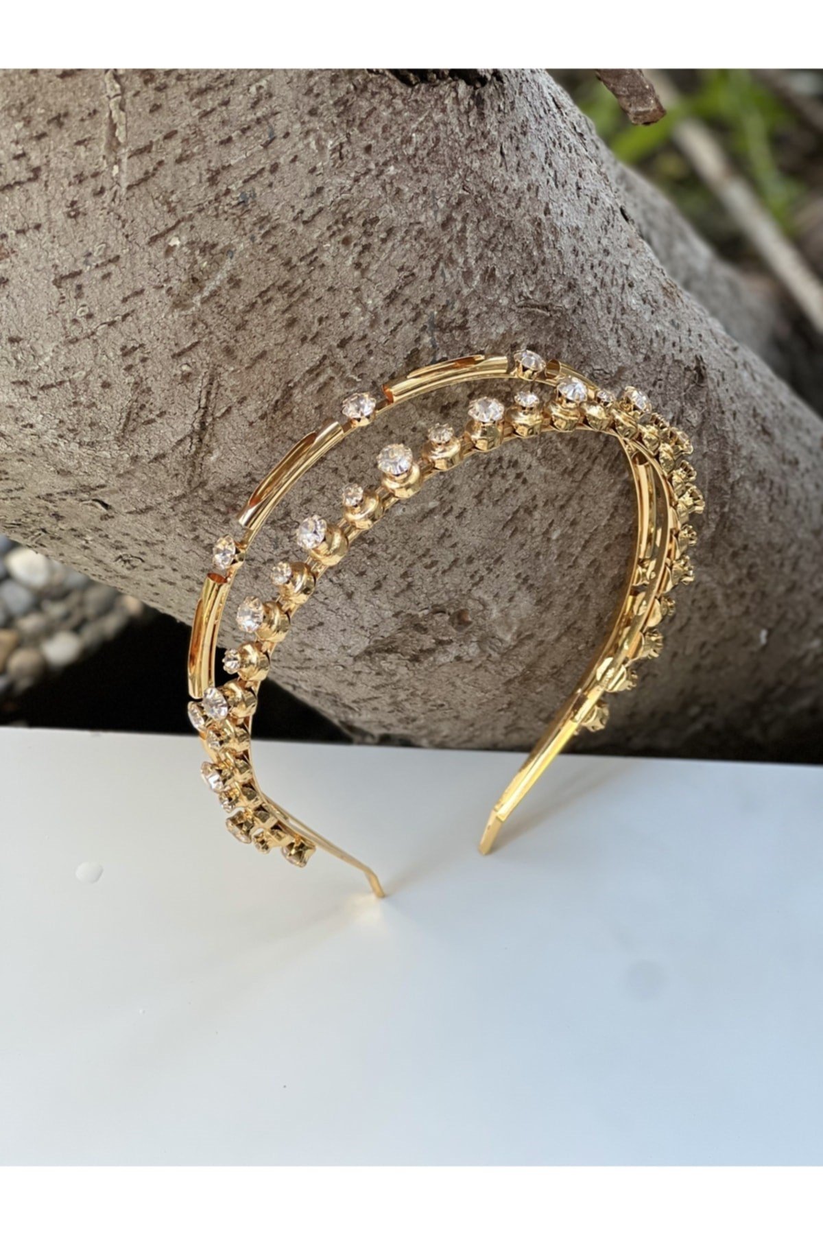 Gelin Bridal Taşlı Gold Çift Sıralı Taç Saç Bandı Kadın