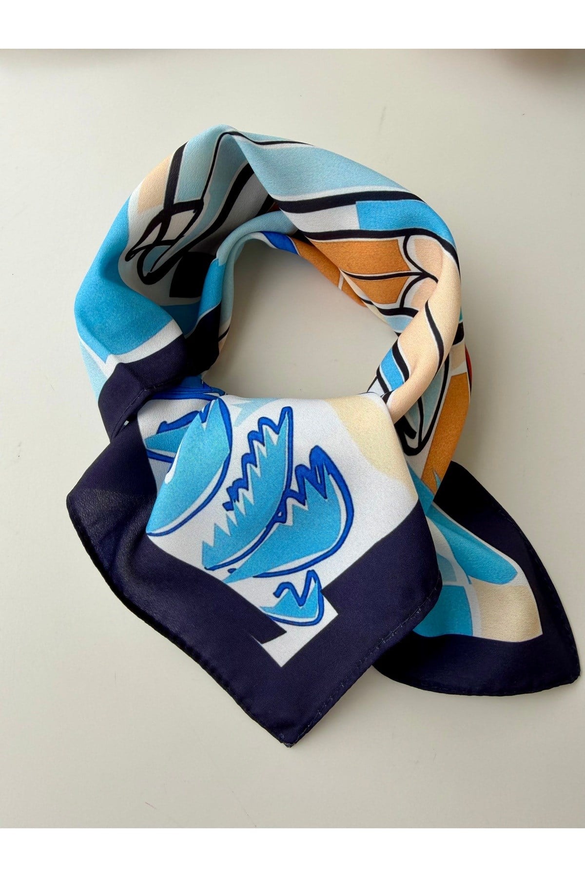 Lacivert Mavi Desenli Fular Bandana Kadın Giyim Akseuar 50x50cm
