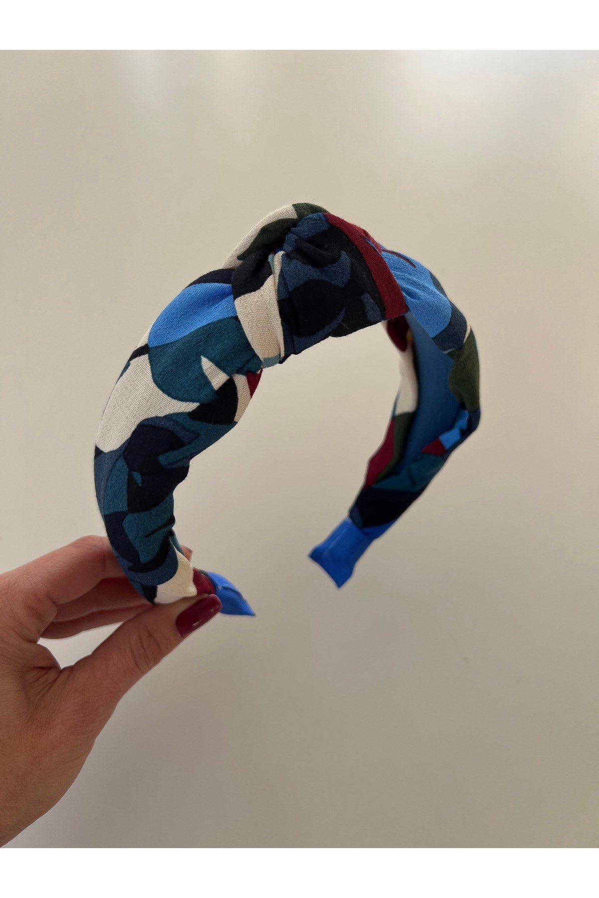 Mavi Desenli Düğümlü Taç Bandana kadın saç aksesuarı