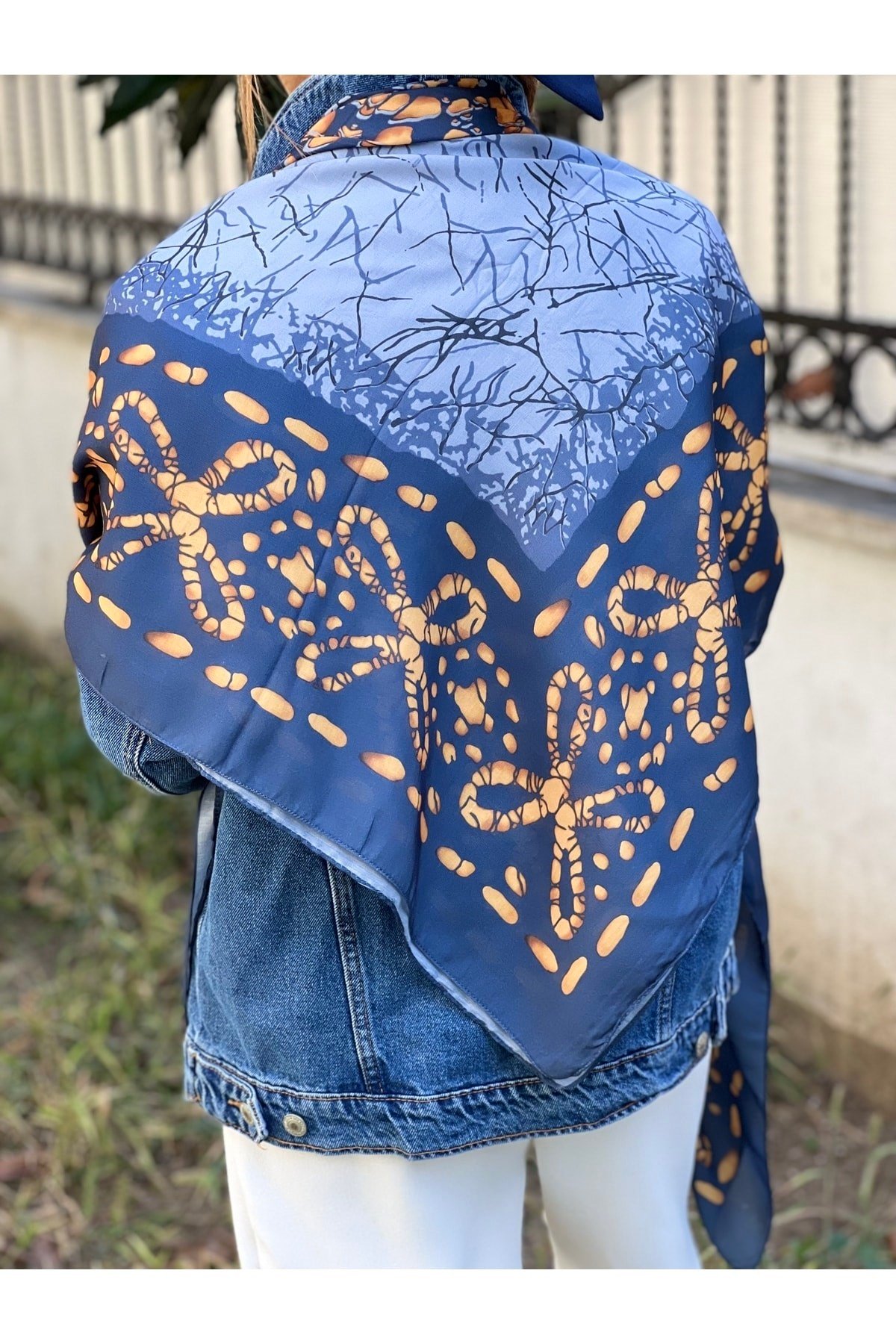 Mavi Gold Desenli Pamuk Vual Eşarp Şal Fular