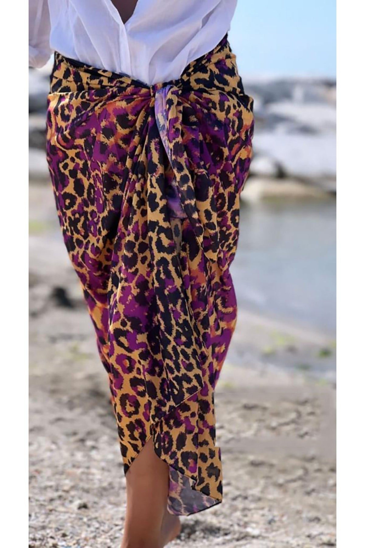 Mor Pembe Leopar Desenli Santa Pareo Kadın Plaj Giyim