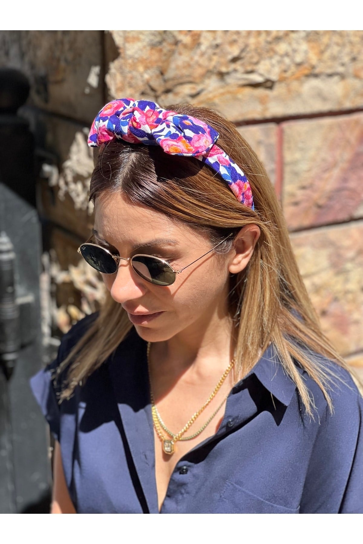 Pembe Mavi Çiçekli Kurdele Taç Saç Bandı