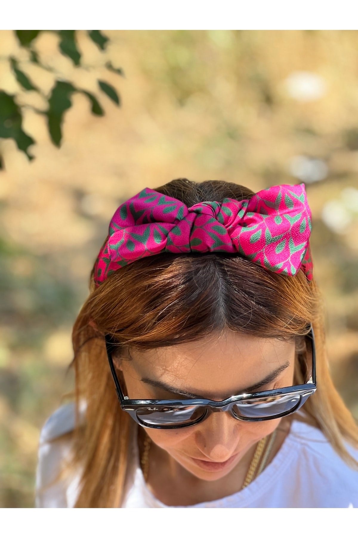 Pembe Yeşil Desenli Düğüm Ipek Saten Taç Saç Bandı