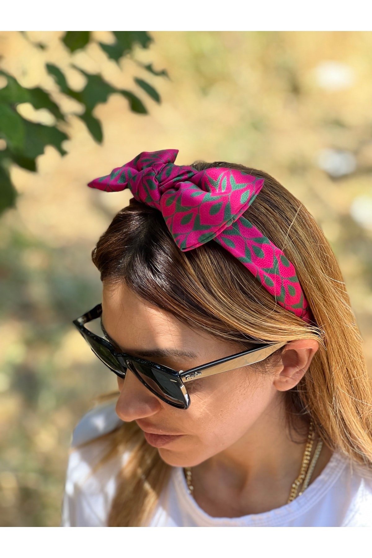 Pembe Yeşil Desenli Düğüm Ipek Saten Taç Saç Bandı