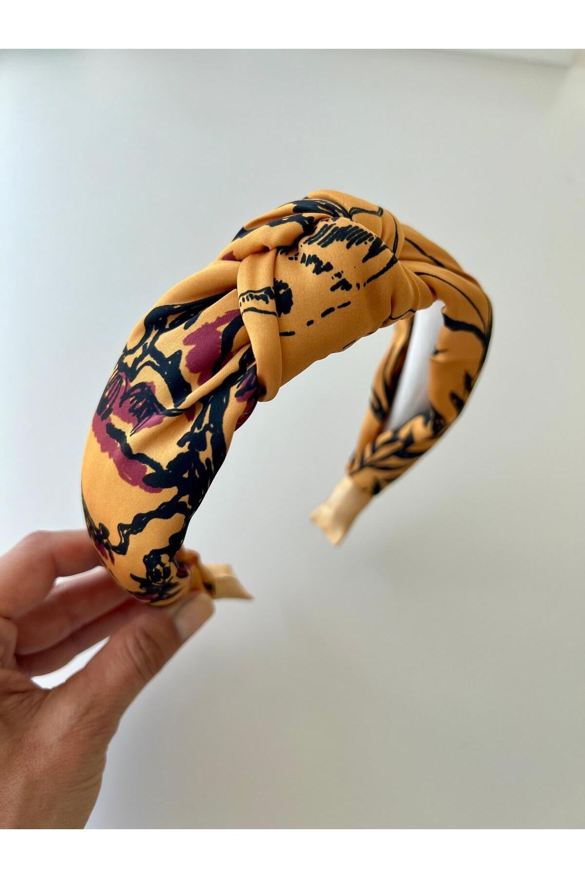 Sarı Ipek Saten Desenli Taç Kadın Saç Tacı Aksesuar