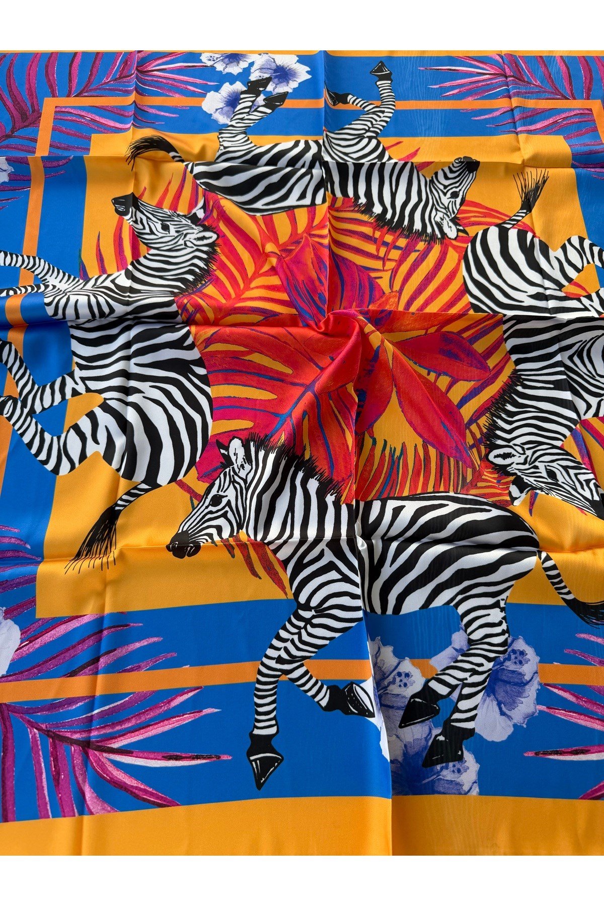Turuncu Mavi Zebra Desenli Eşarp Fular 100x100cm Kadın Giyim Aksesuar