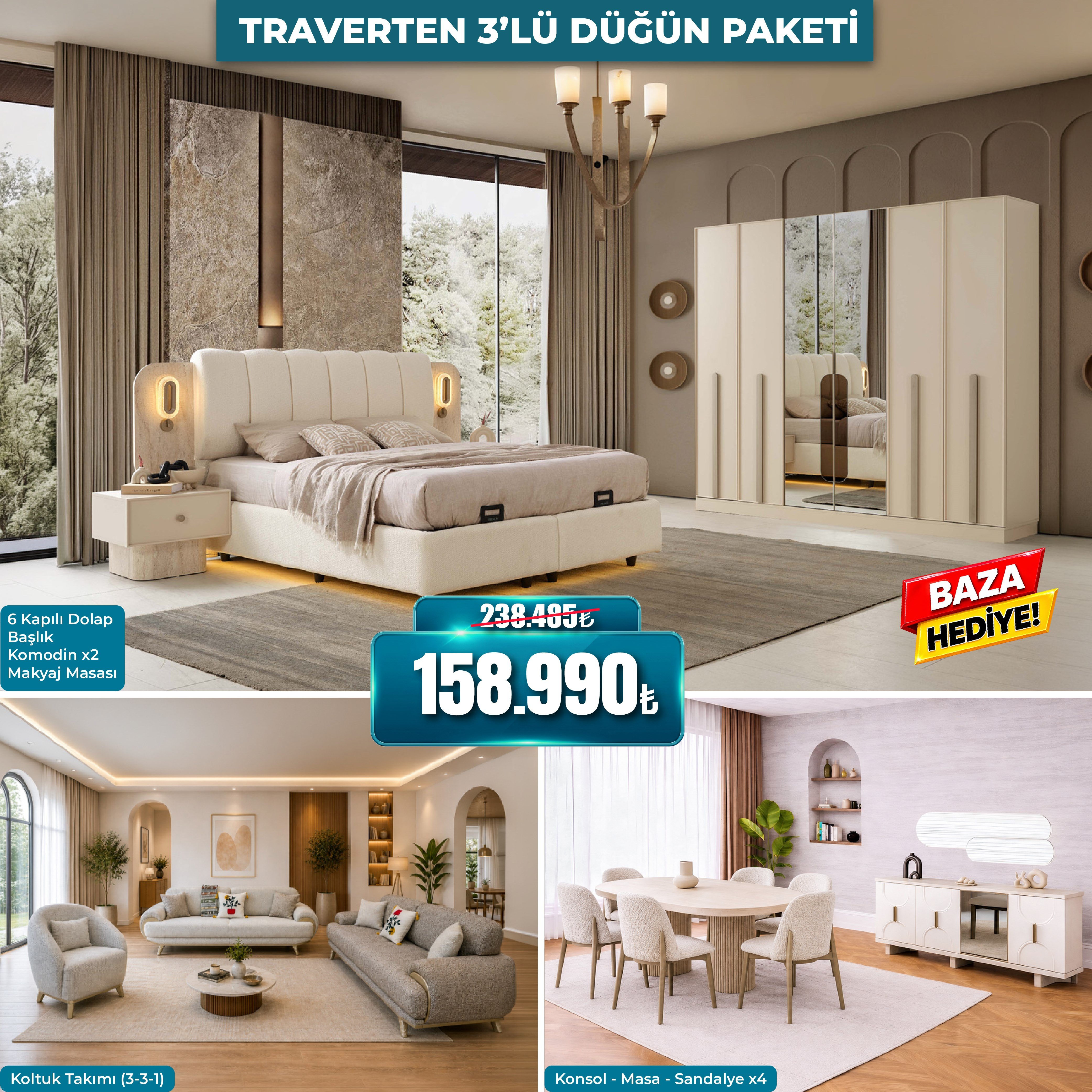 Traverten 3'lü Dügün Paketi