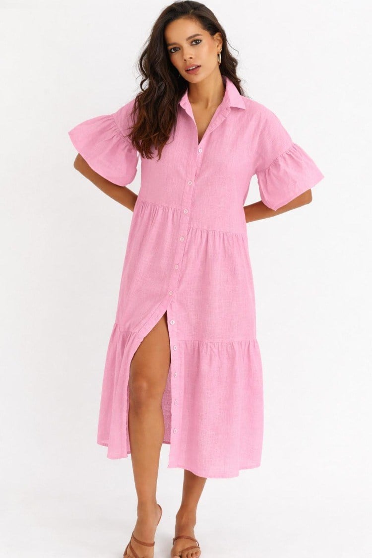 SUMMER GİRL PAMUK KETEN PİNK DRESS