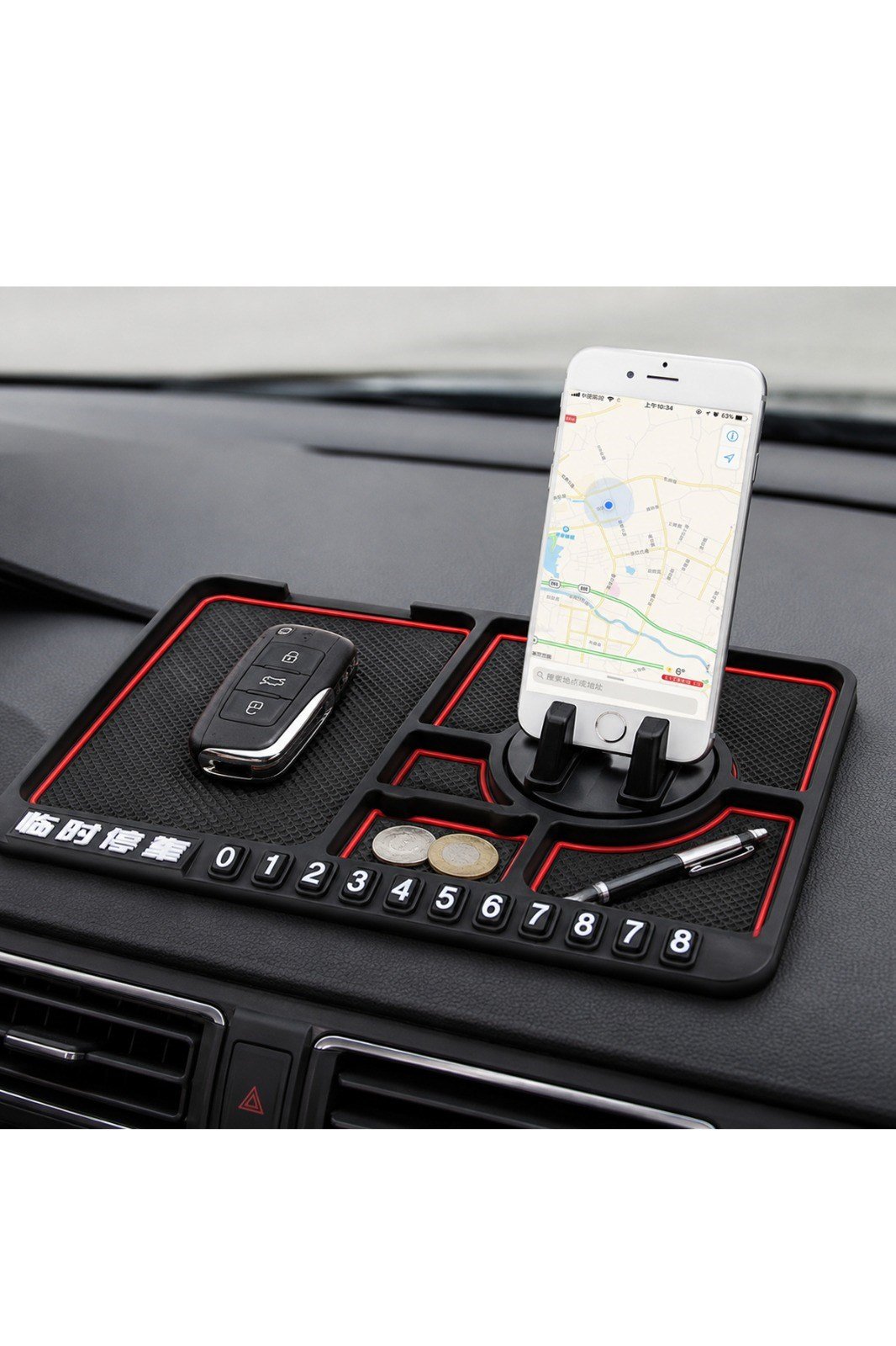 4'ü 1 Arada Kaymaz Silikon Dashboard Organizer - Telefon Tutucu ve Numaratörlü Park Matı