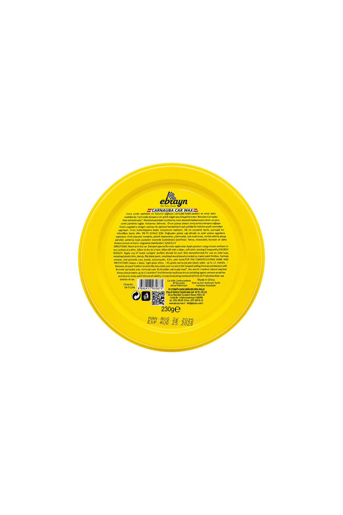 Ebrayn Carnauba Car Wax Katı Pasta Cila 230g - Boya Koruyucu ve Çizik Giderici Wax