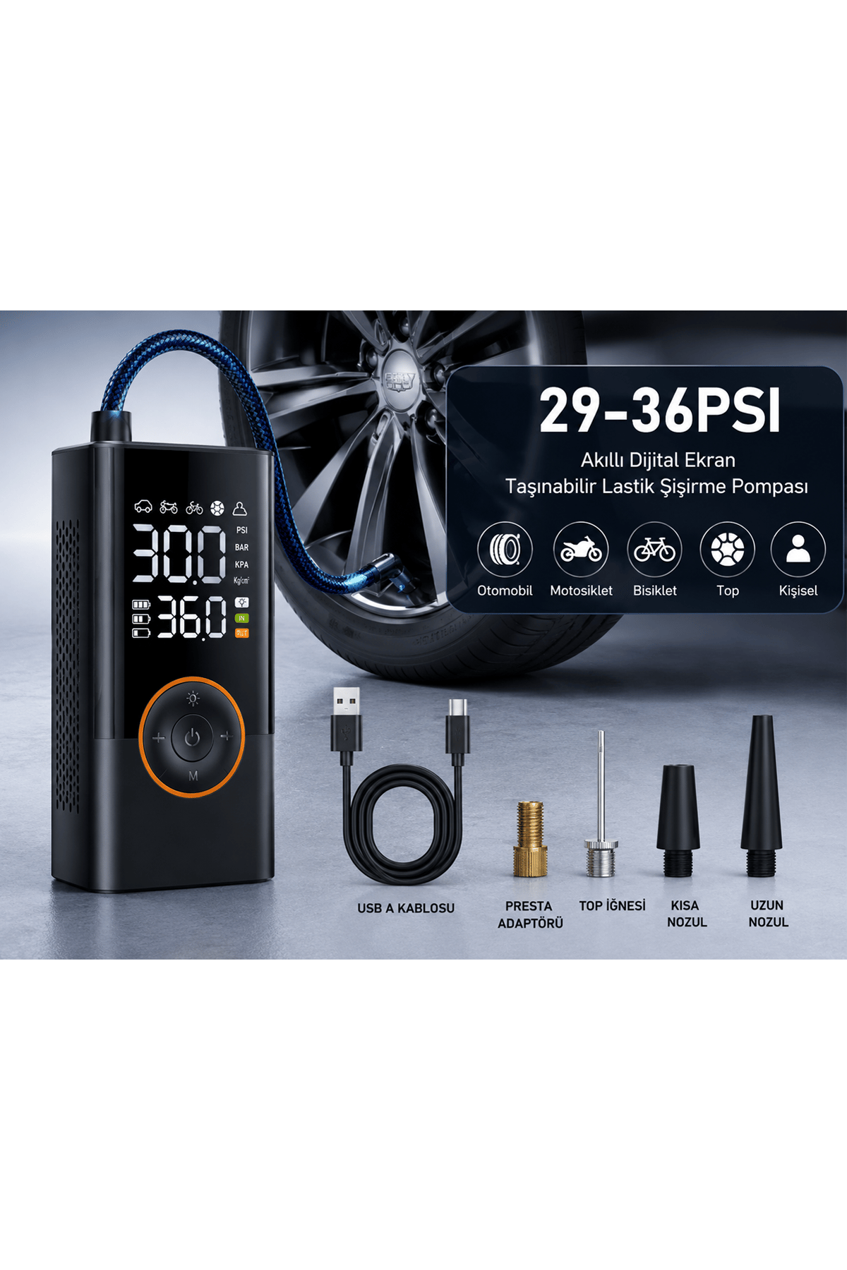 Taşlı 4000mAh Kablosuz Dijital Hava Pompası - 150 PSI Lastik Şişirme Cihazı