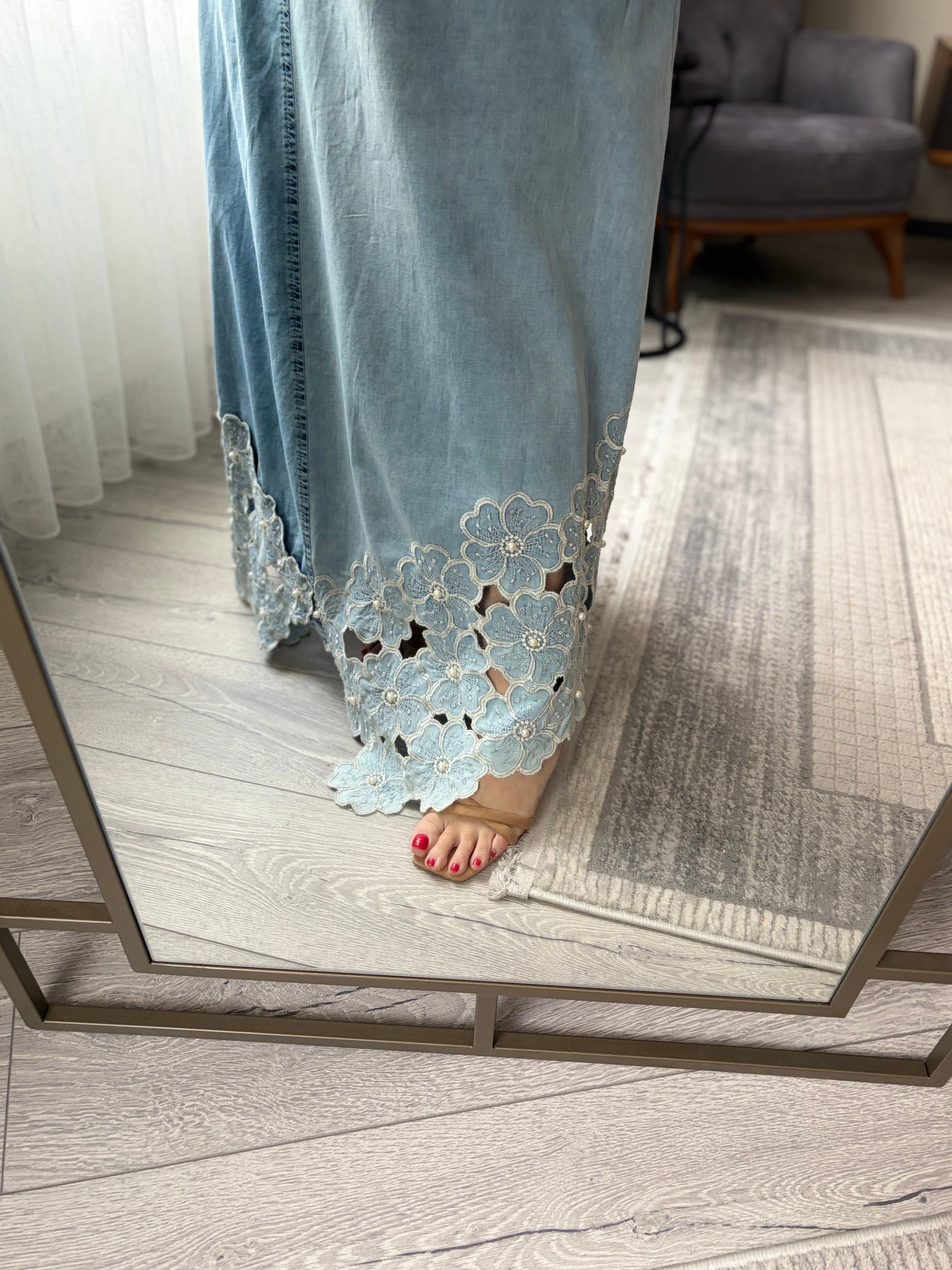 inci güpür detaylı denim elbise