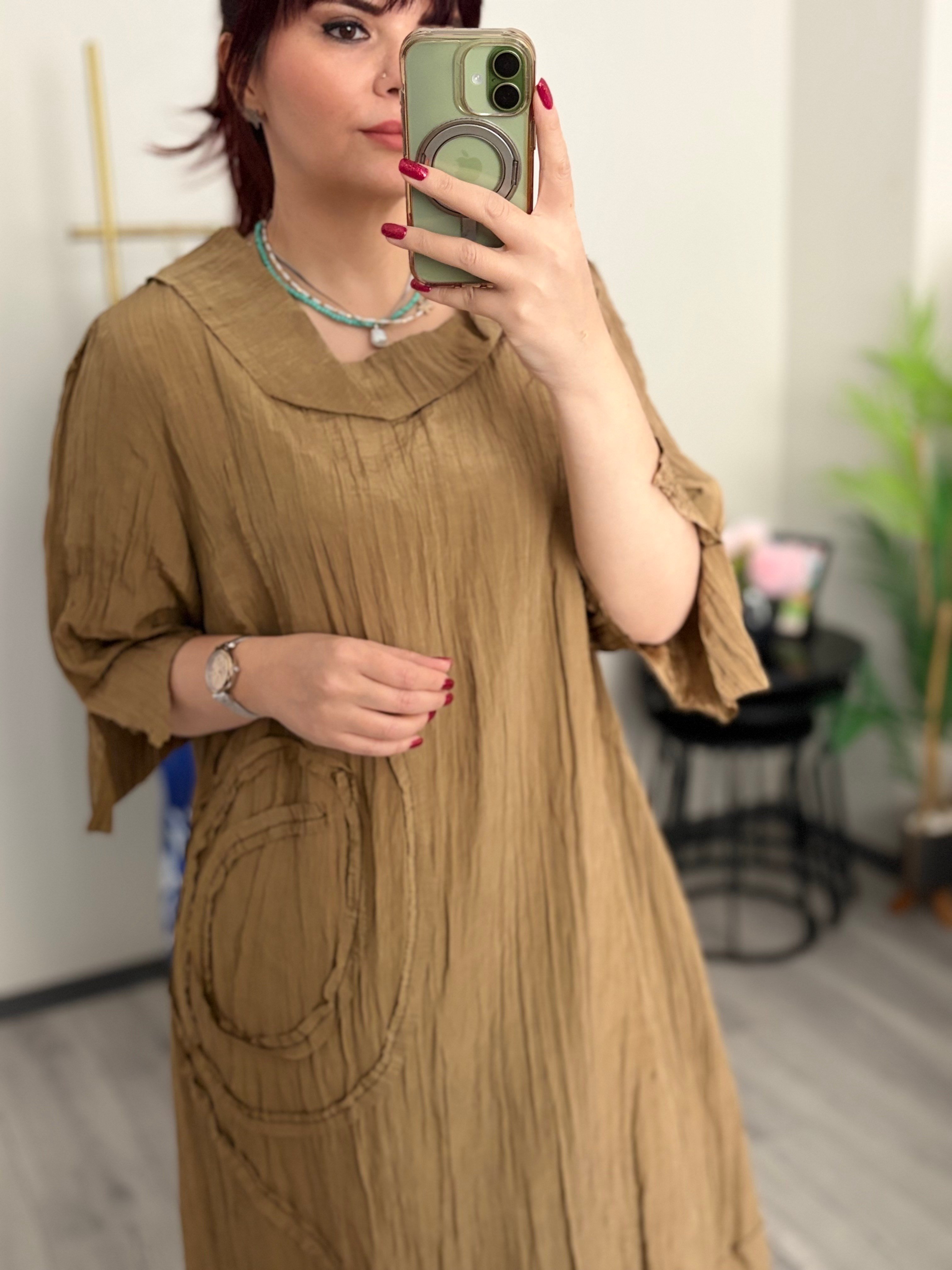Kırışık kumaş midi boy elbise
