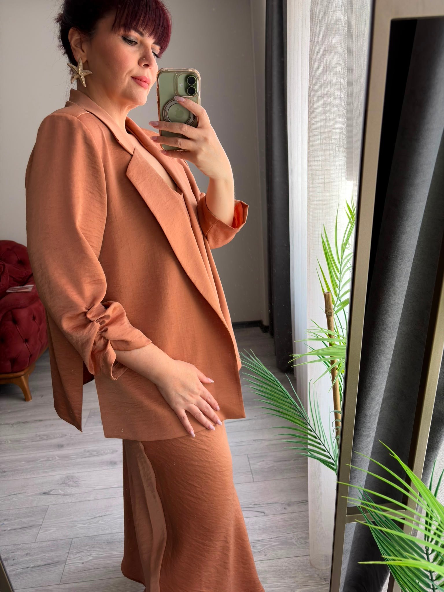 Saten Camel elbise ceket