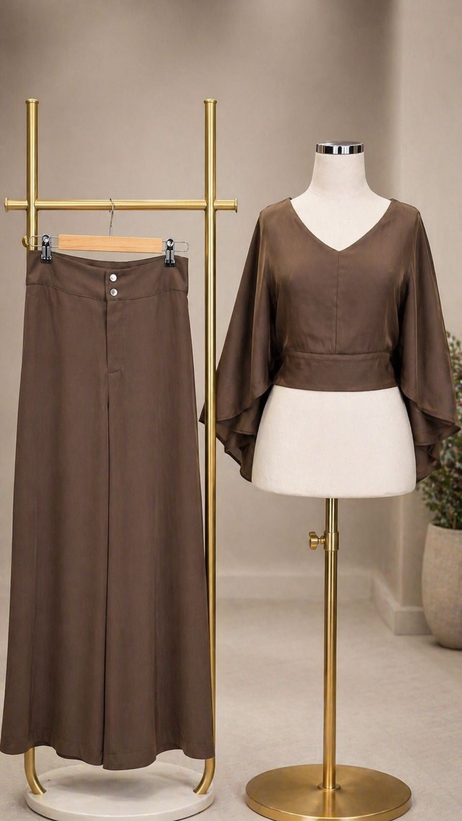 Saten Pelerin Detaylı Crop & Pantolon Takım - Kahverengi