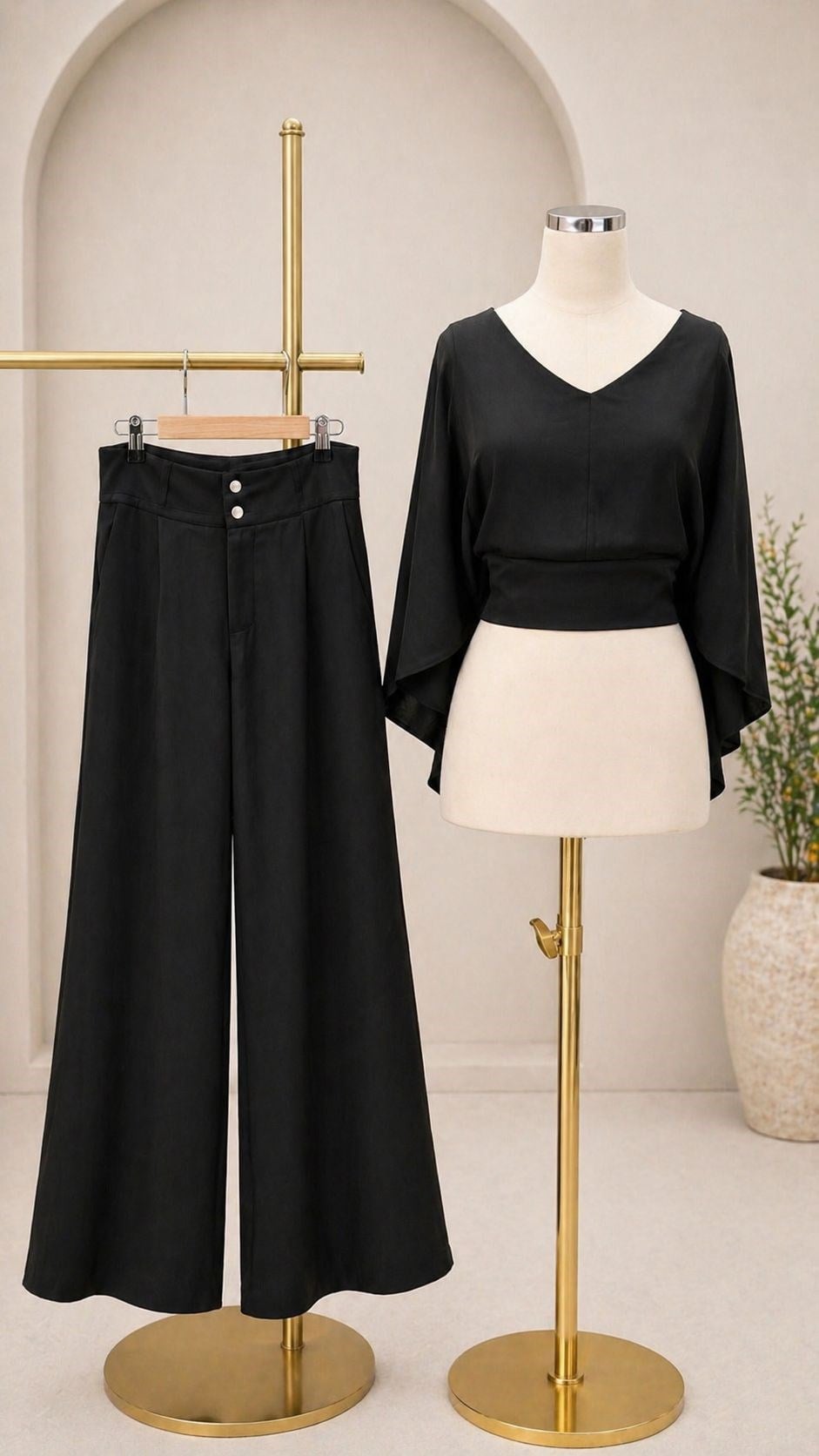 Saten Pelerin Detaylı Crop & Pantolon Takım