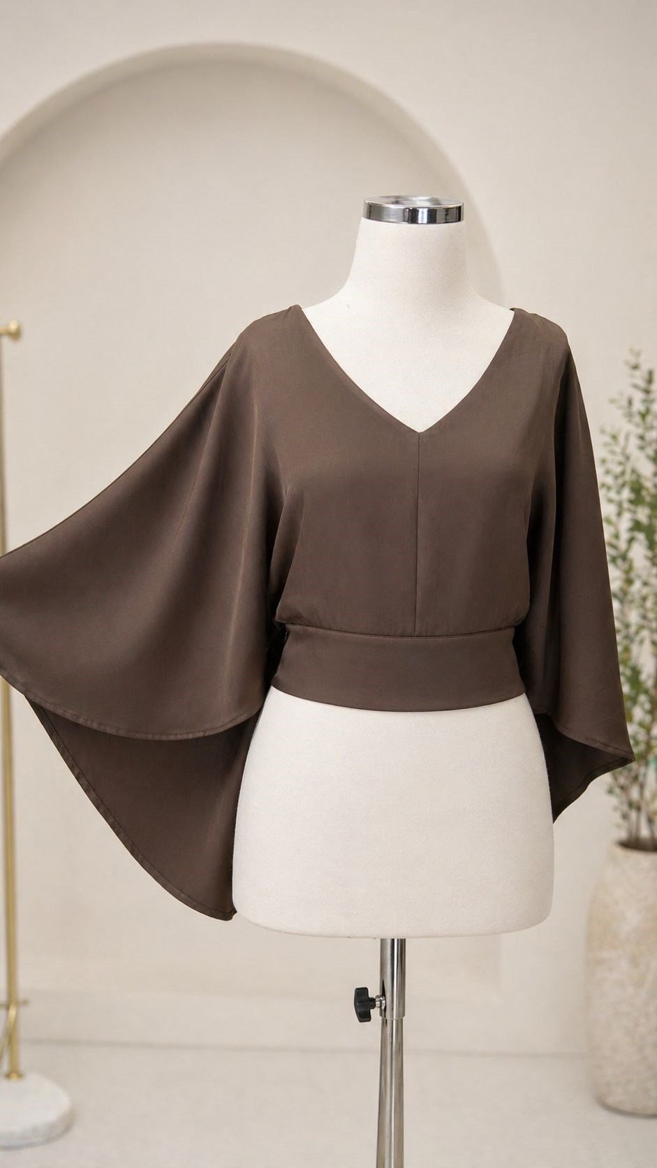 Saten Pelerin Detaylı Crop & Pantolon Takım - Kahverengi