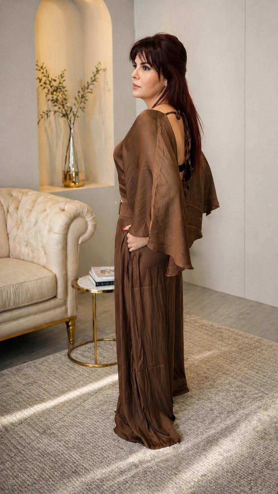 Saten Pelerin Detaylı Crop & Pantolon Takım - Kahverengi