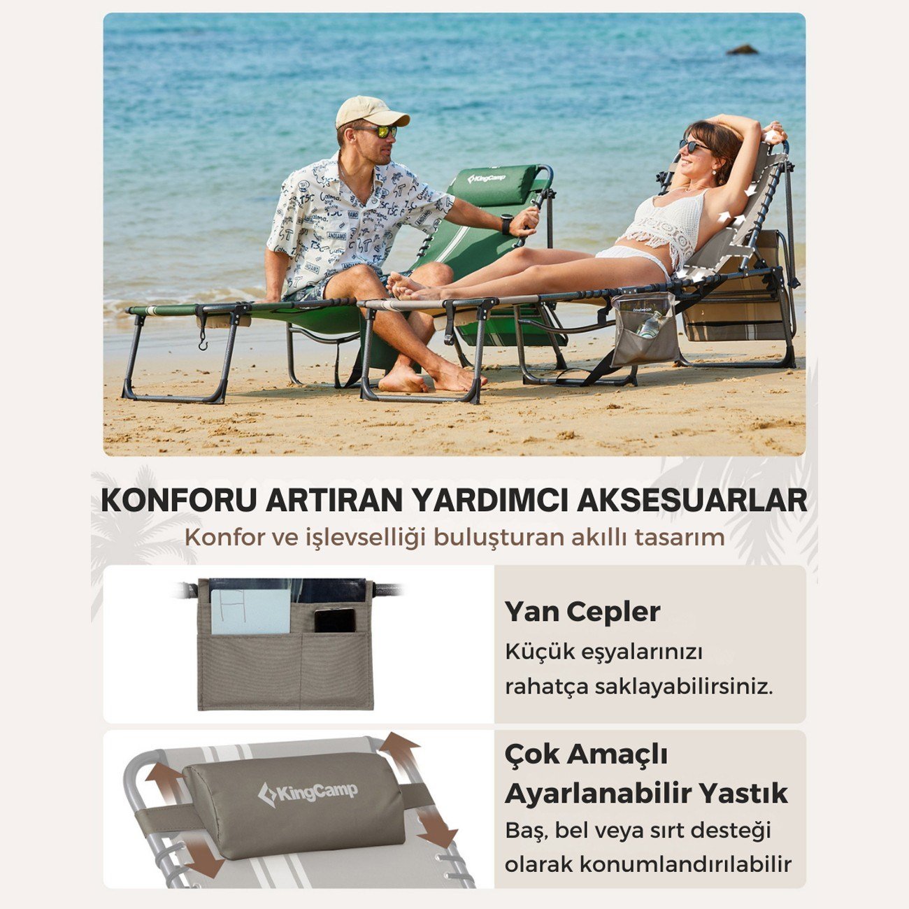 KingCamp Magnolia B10 Plus Hands-Free Premium 7 Kademeli Katlanır Şezlong Grey/White
