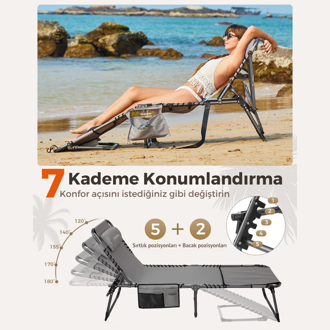 KingCamp Magnolia B10 Plus Hands-Free Premium 7 Kademeli Katlanır Şezlong Grey