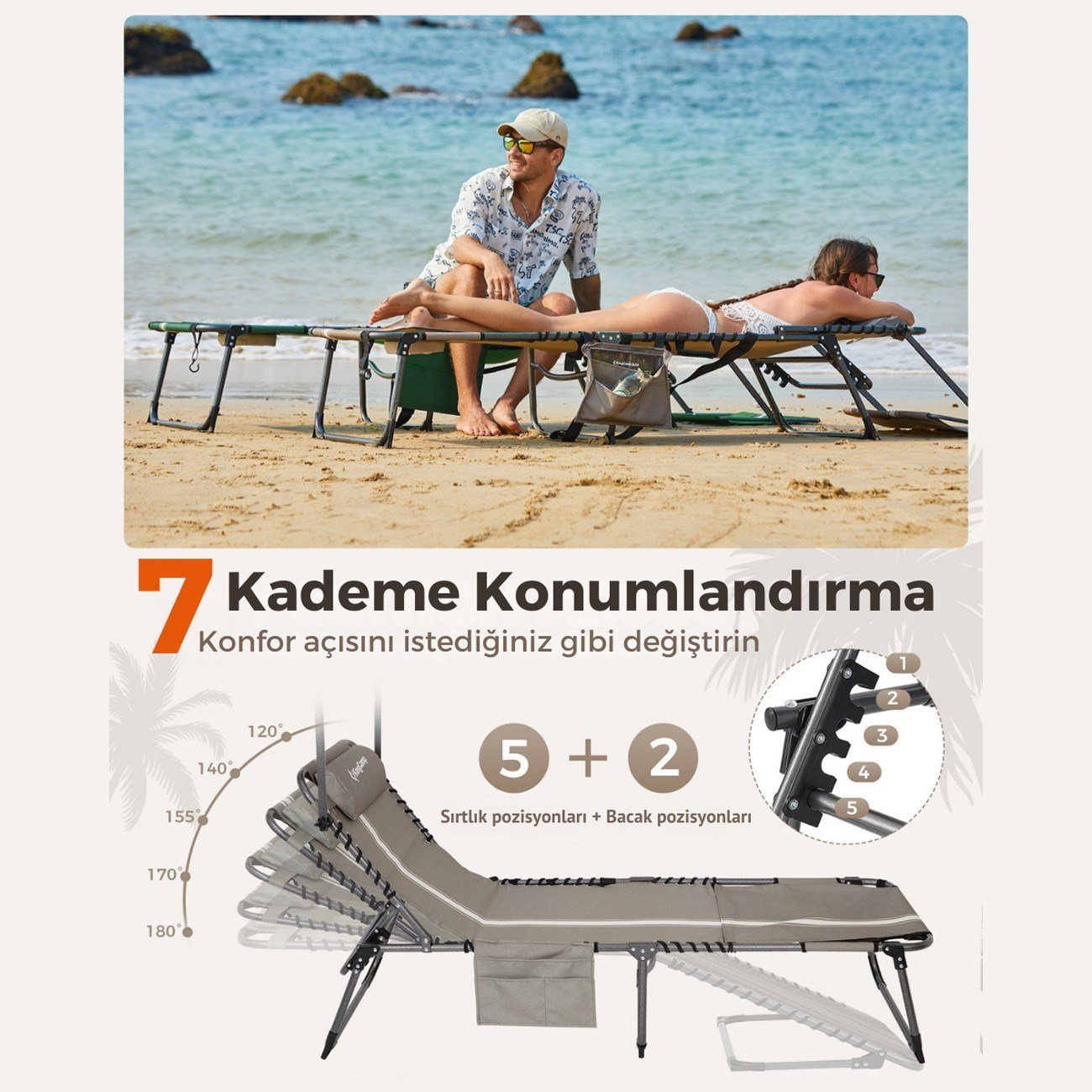 KingCamp Magnolia B10 Plus Hands-Free Premium 7 Kademeli Katlanır Şezlong Grey/White