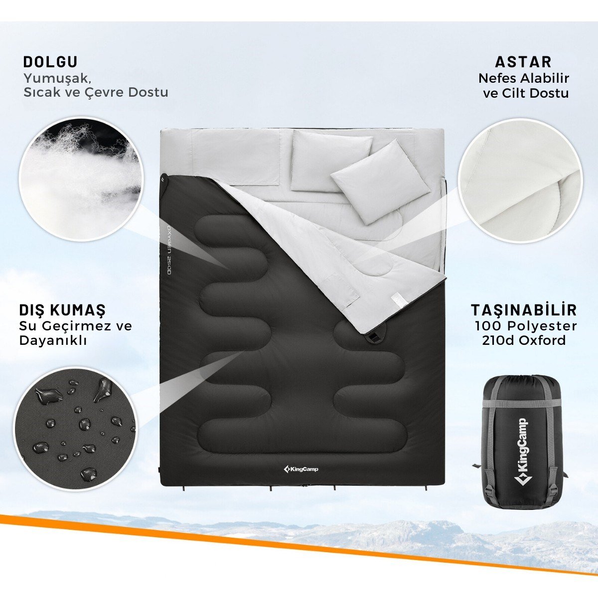 Kingcamp Oxygen 250-D Çift Kişilik Yastıklı Uyku Tulumu Black