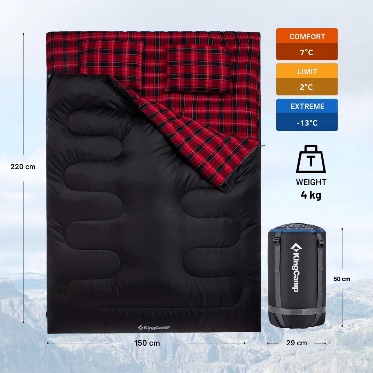 KingCamp Snowflake 300-D Ultra Çift Kişilik Uyku Tulumu Black