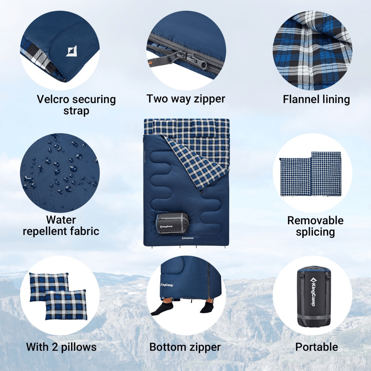 KingCamp Snowflake 300-D Ultra Çift Kişilik Uyku Tulumu Navy