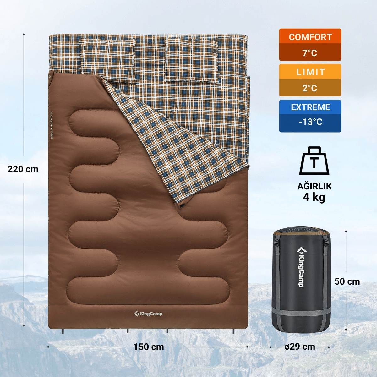 KingCamp Snowflake 300-D Ultra Çift Kişilik Uyku Tulumu Coffee