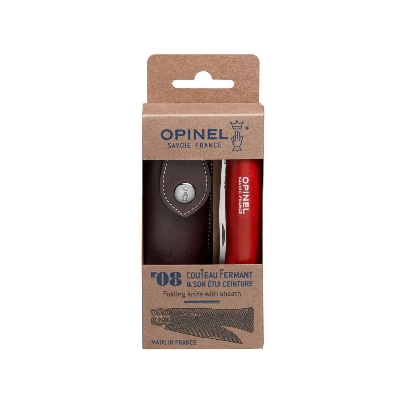Opinel N°8 Inox Deri Kılıflı Paslanmaz Çelik Çakı Kırmızı