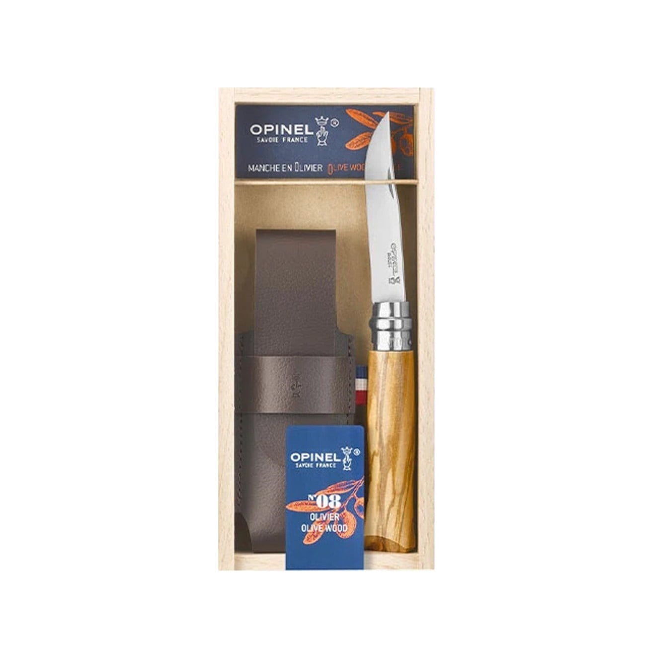 Opinel N°8 Zeytin Saplı Deri Kılıflı Çelik Çakı (Özel Kutulu)