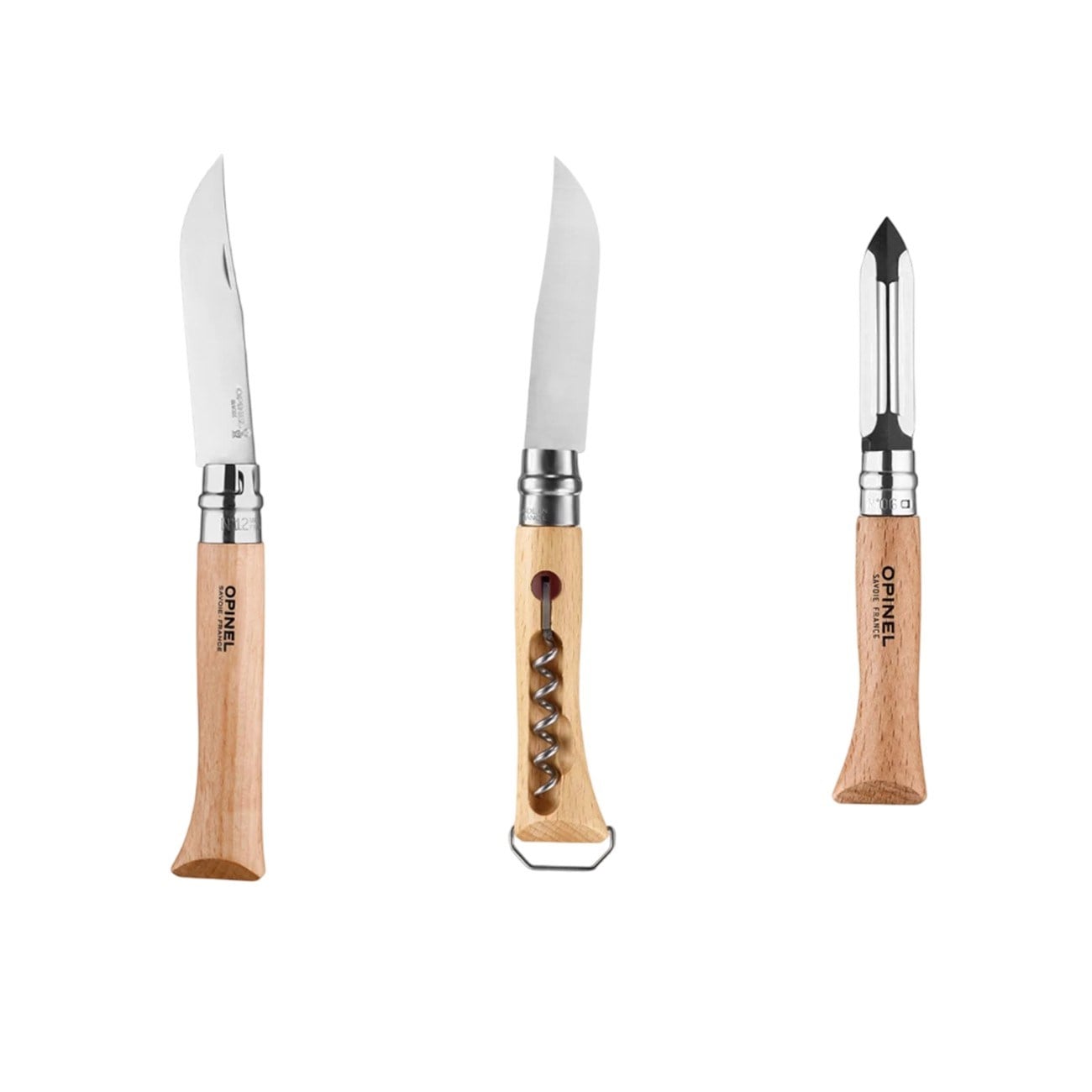 Opinel Nomad Pişirme Seti N°10 Tirbuşonlu Çakı + N°12 Tırtıklı Bıçak + N°6 Soyucu + Kayın Kesme Tahtası + Mikrofiber Havlu
