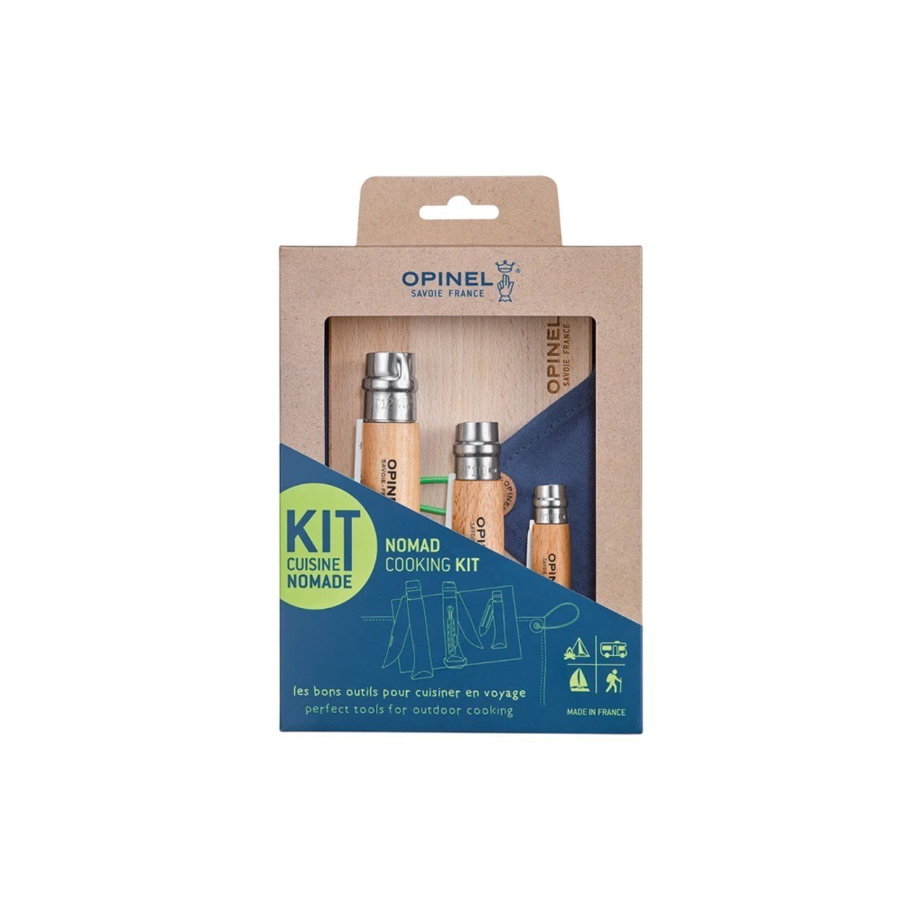 Opinel Nomad Pişirme Seti N°10 Tirbuşonlu Çakı + N°12 Tırtıklı Bıçak + N°6 Soyucu + Kayın Kesme Tahtası + Mikrofiber Havlu