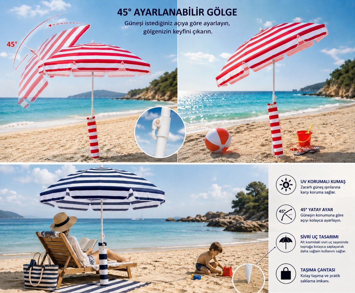 Yek Outdoor 200 cm Çizgili Plaj ve Bahçe Şemsiyesi | Taşıma Çantalı | Asorti Renk