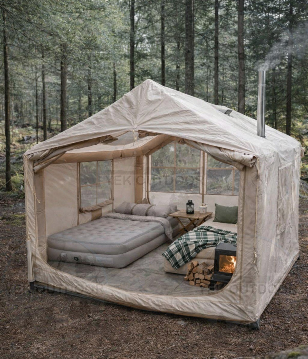 Yek Outdoor 210D Oxford 6-8 Kişilik 4 Mevsim Soba Çıkışlı Şişme Kamp Çadırı – Pompalı, 300x250x220 cm