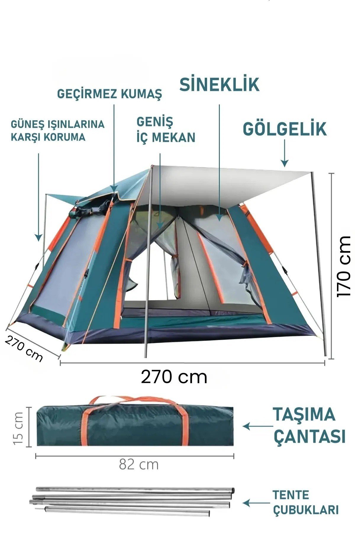 Yek Outdoor 6 Kişilik Tam Otomatik Tenteli Kamp Çadırı 270x270x170cm