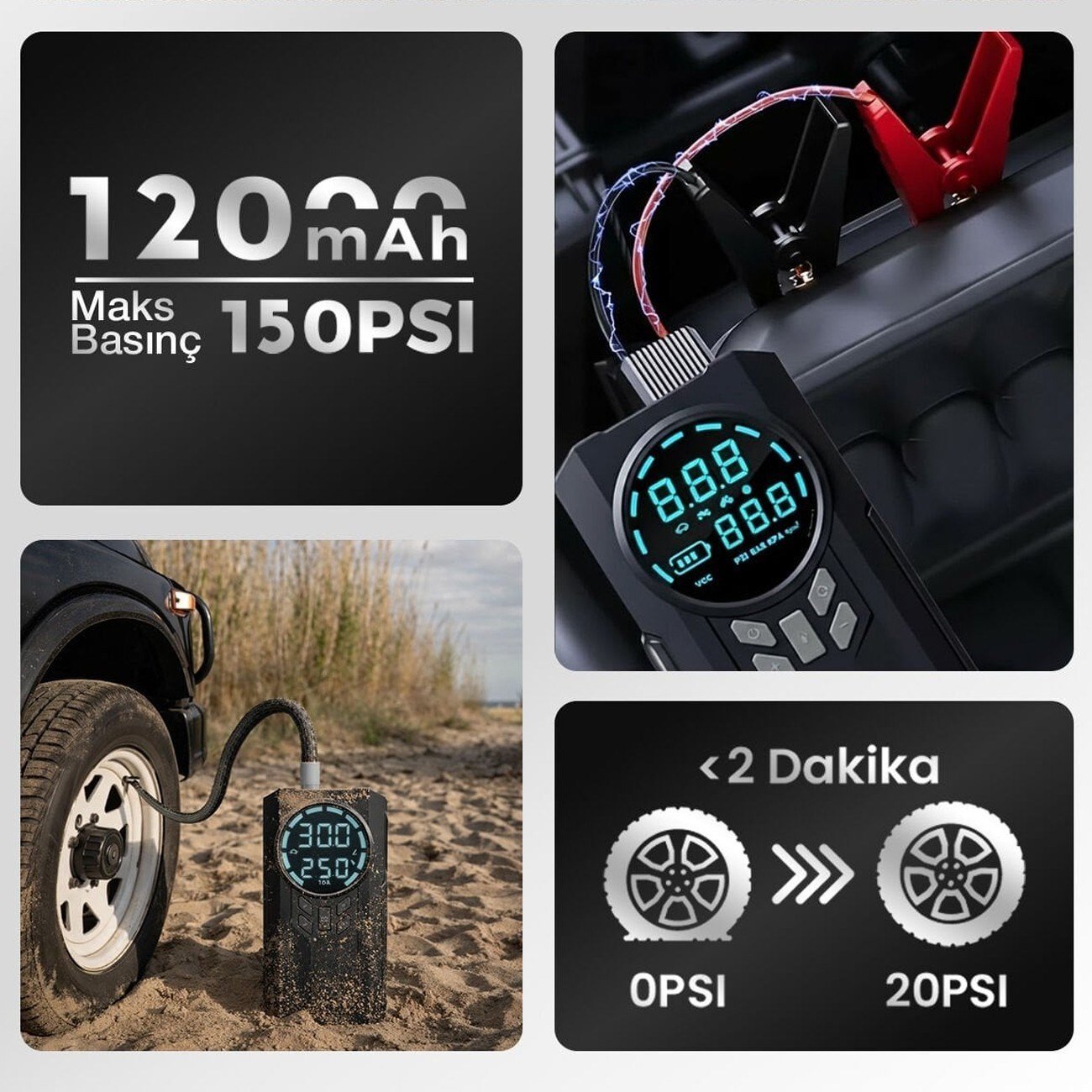 Yek Outdoor Akıllı Dijital Ekranlı Araç Lastik Şişirici ve Akü Takviye Cihazı – 150 PSI | 12.000 mAh