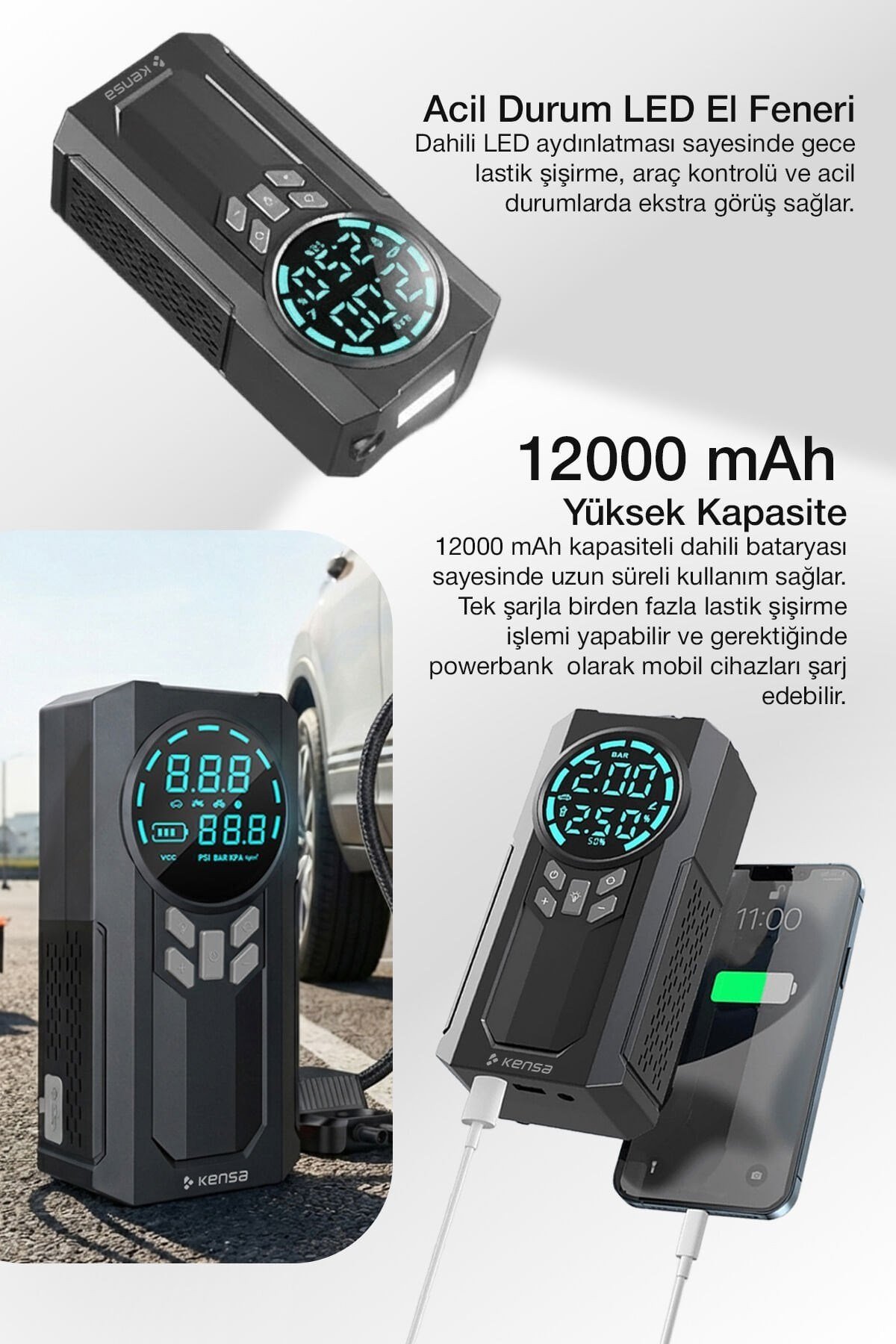 Yek Outdoor Akıllı Dijital Ekranlı Araç Lastik Şişirici ve Akü Takviye Cihazı – 150 PSI | 12.000 mAh